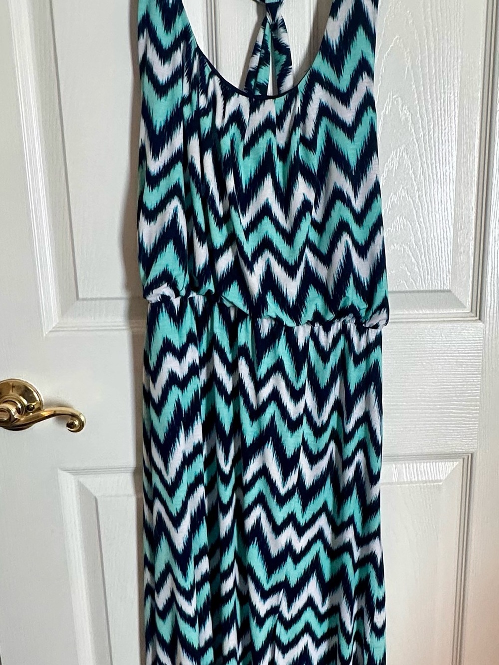 Kohl's Sleeveless Chevron Maxi Jumpsuit in Teal, Navy & White